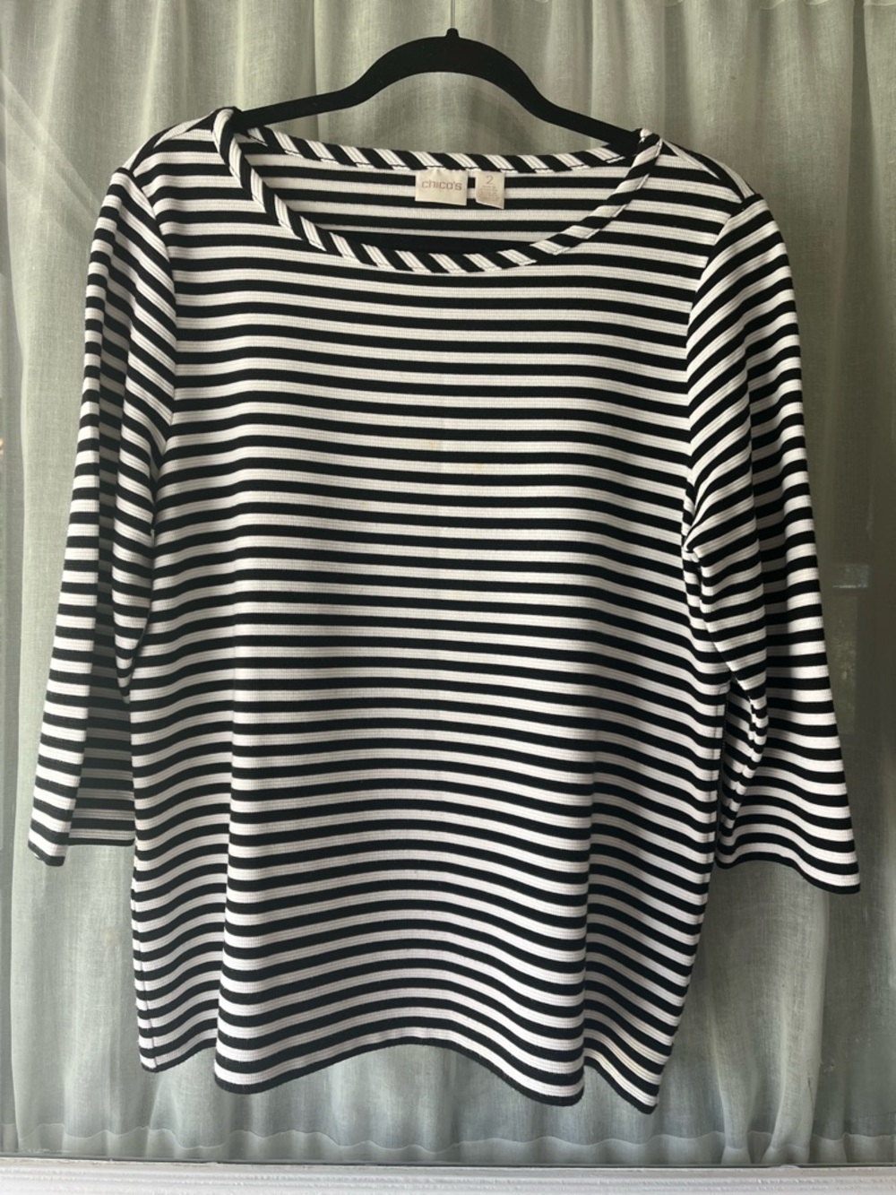 Chico's Sz 2 (L) Black & White Striped Boatneck 3/4 Sleeve Preppy, Casual Top